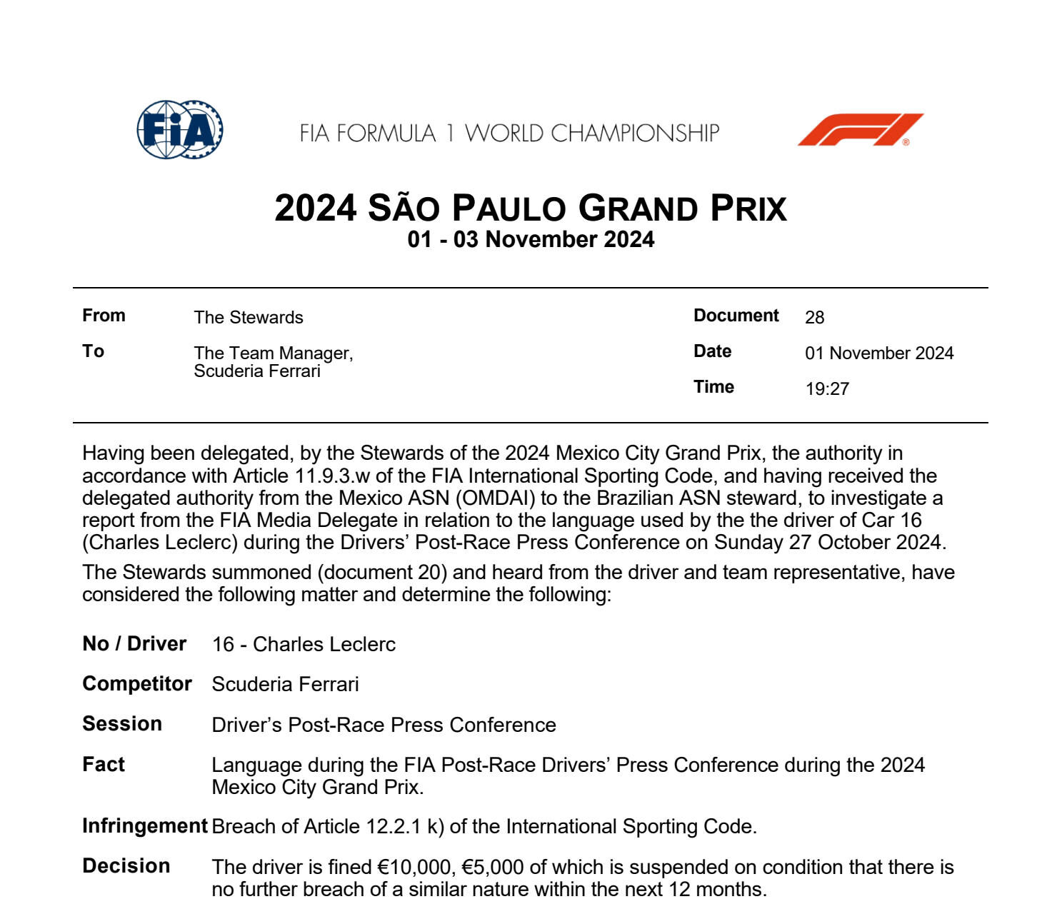 leclerc fia punizione ufficiale