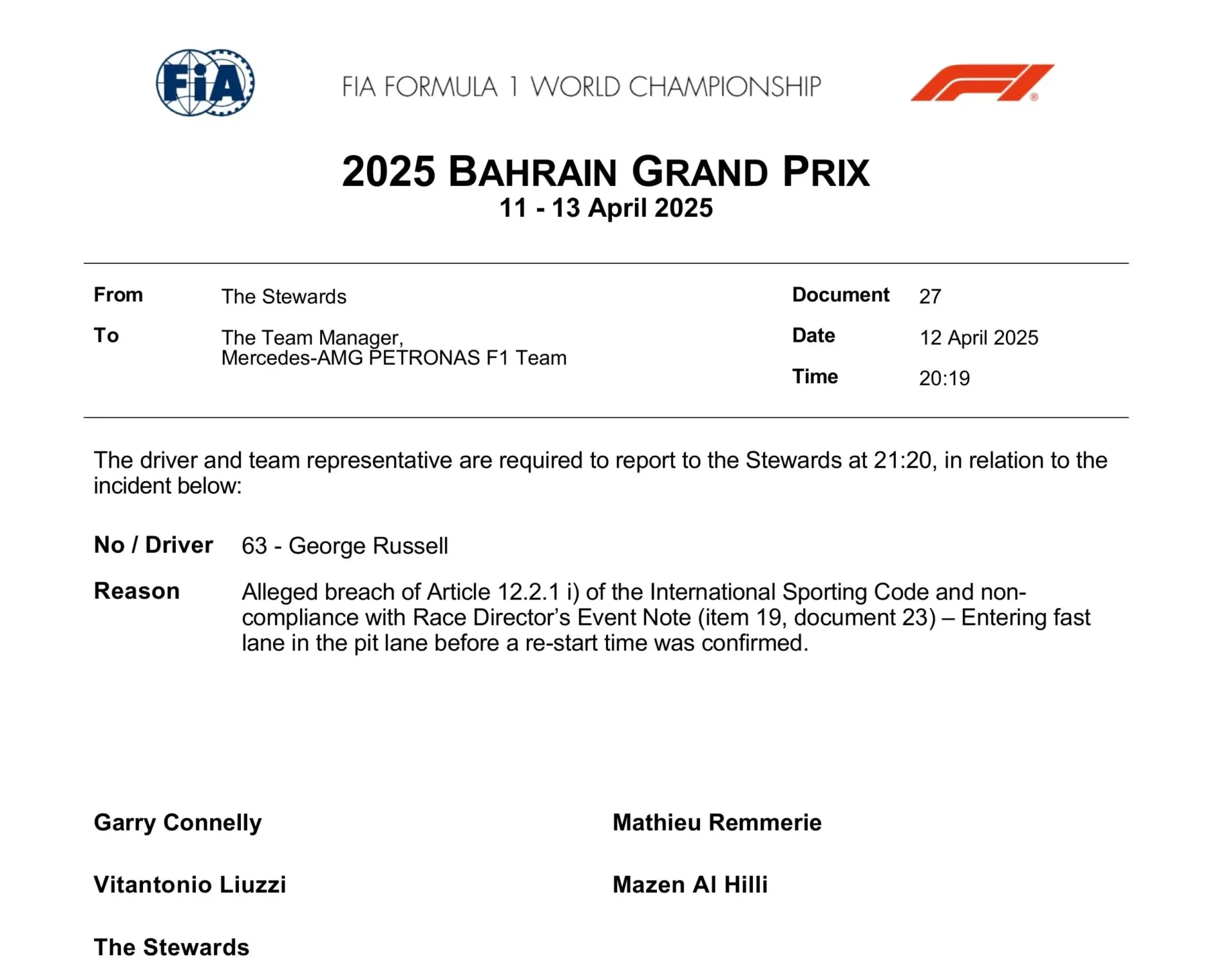 documento fia bahrain leclerc hamilton